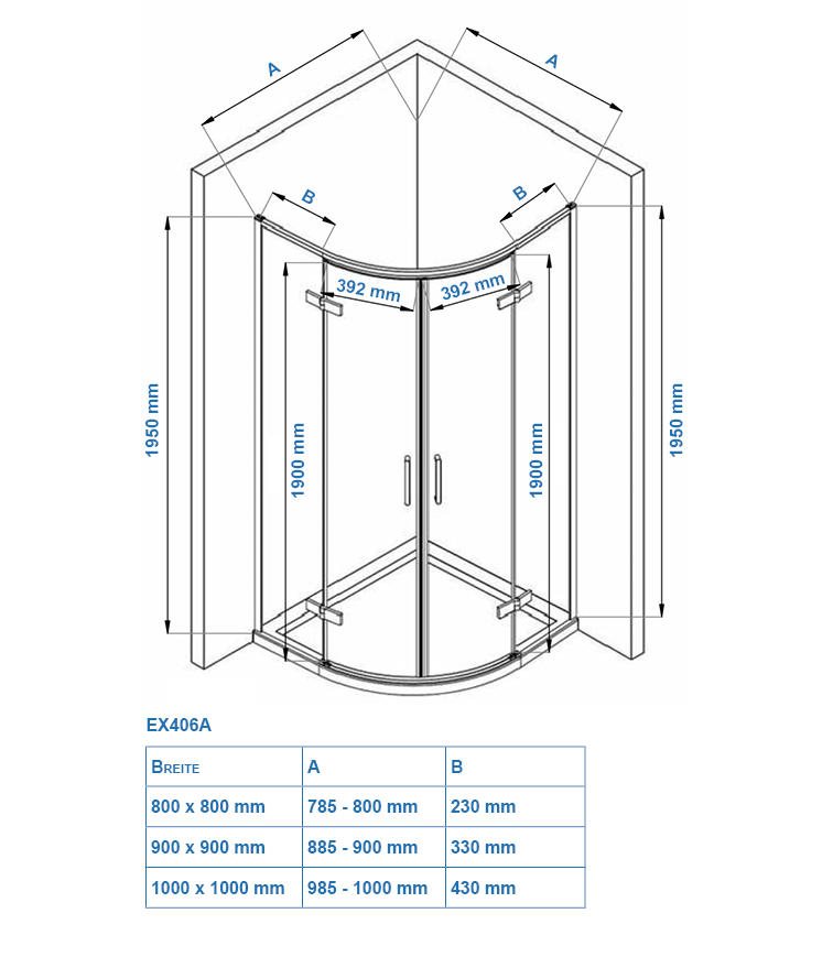 Mampara de ducha semicircular EX406 - 90 x 90 x 195 cm - cristal NANO de 8  mm - con plato de ducha incluido