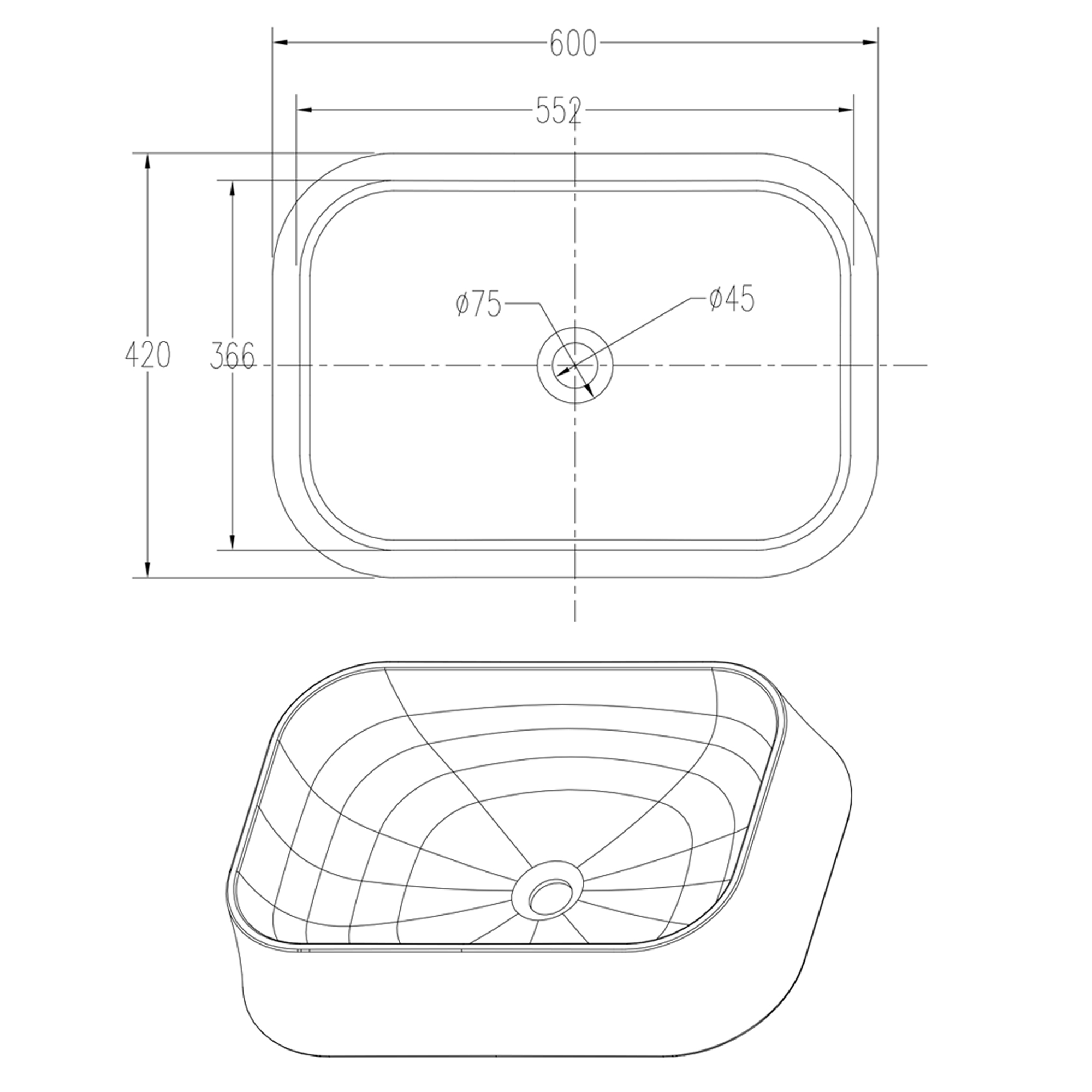 Countertop basin PB2161 of solid stone (Solid Surface) 60 x 42 x 16 cm available in matte or
